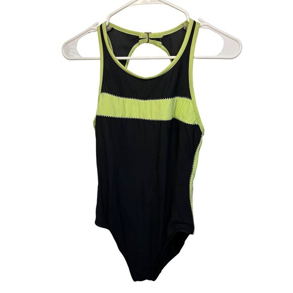 Black & Neon Green One-Piece Swimsuit With Open Back & Built-In Bra By Miraclesu - Picture 1 of 13